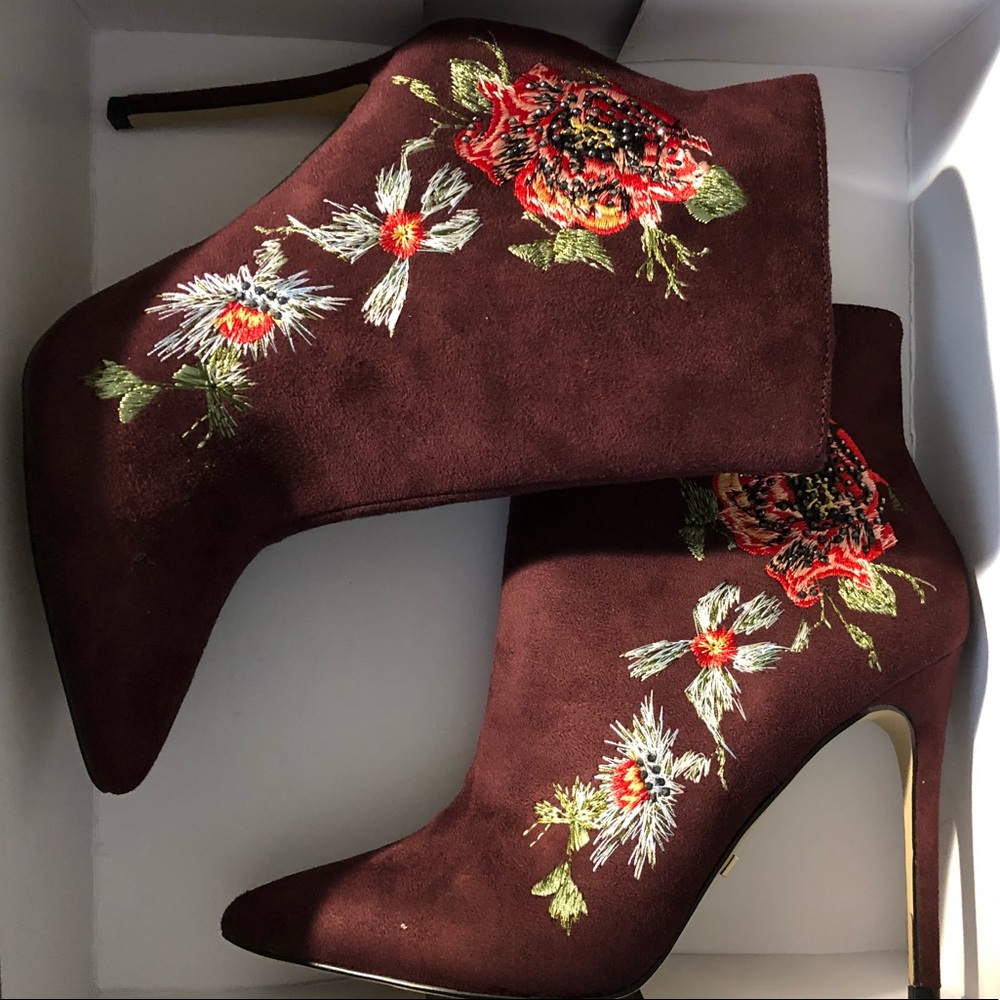 SOLD - NEW in box! Embroidered wine heeled booties